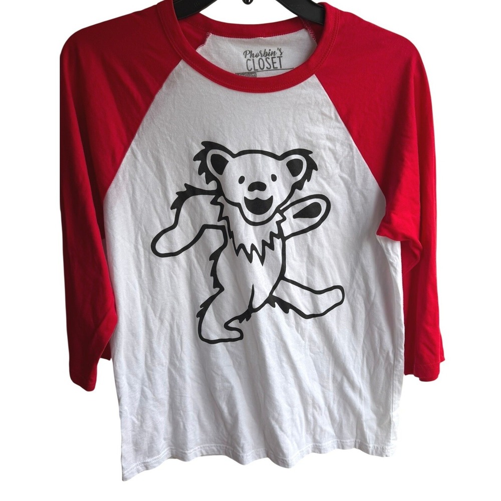 Grateful Dead Custom Smiley Bear White and Red 3/4 Sleeve Baseball Tee Sz Medium